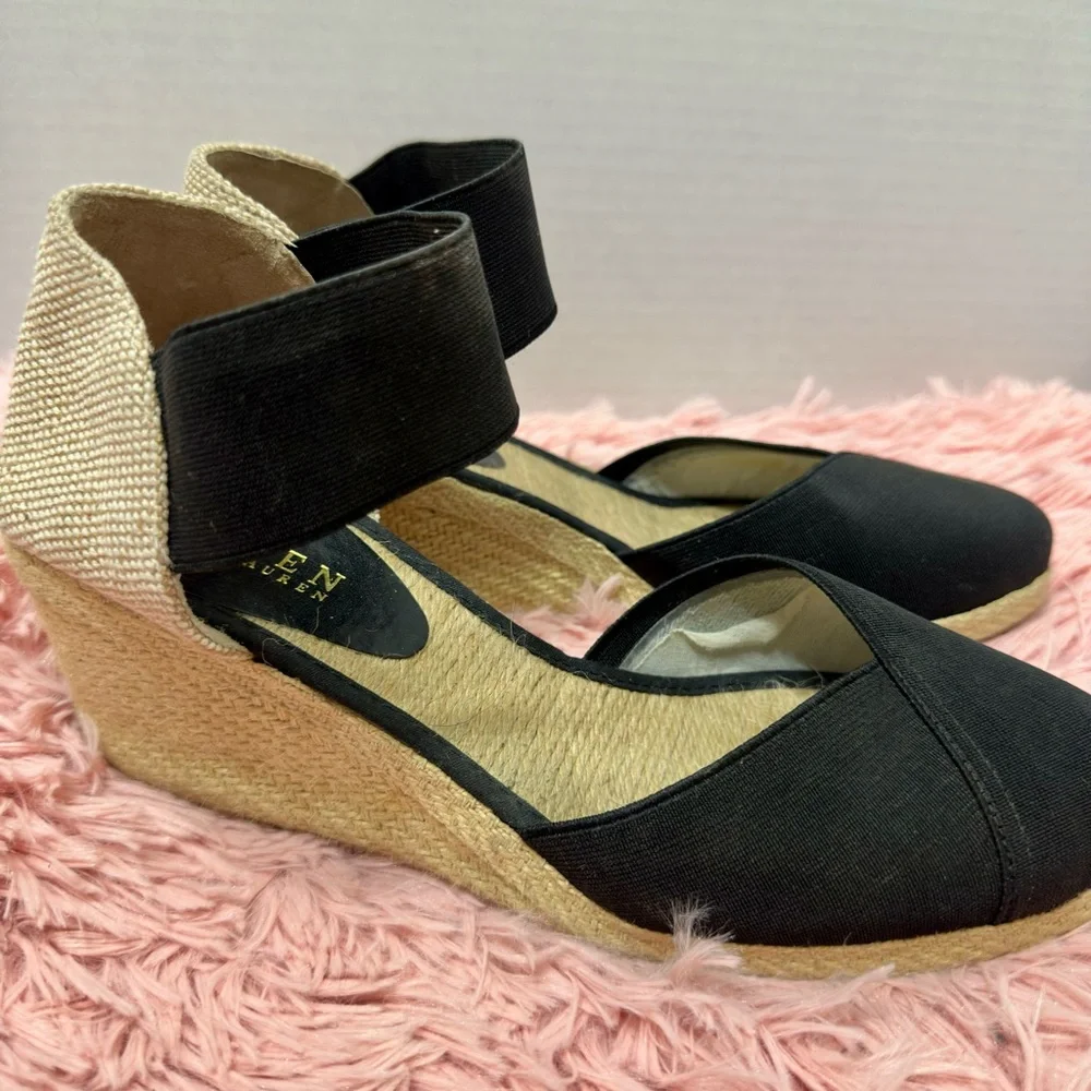 LAUREN Ralph Lauren Charla Espadrille Wedge Sandals Black & Tan‎ Womens Size 9B